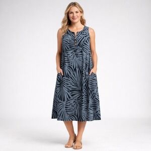 Lost River Dress Womens XL Gray Floral Maxi Tank Trapeze Henley Pockets Button
